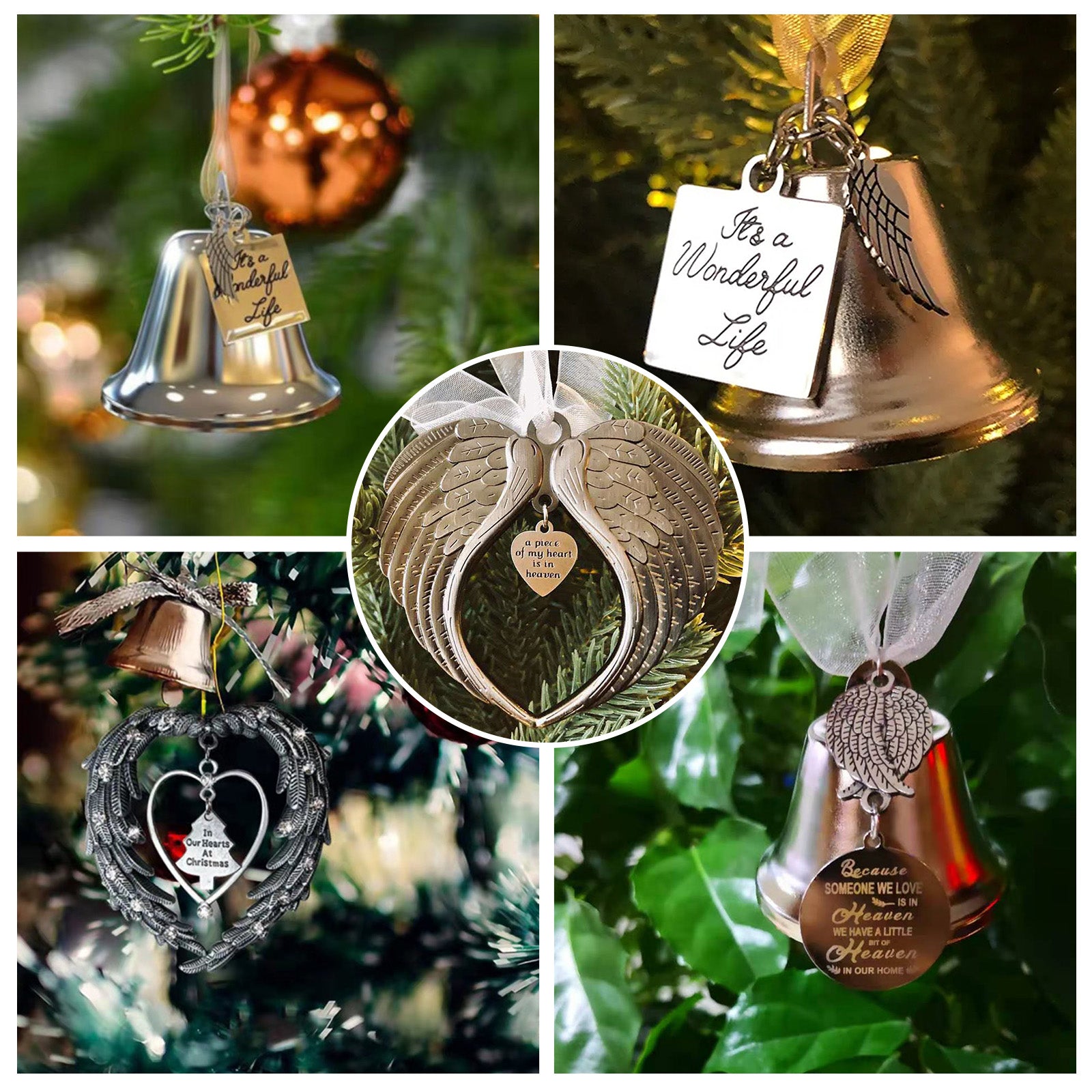 Christmas Decorations 4pcs Christmas Bells Angel Wings Ornaments Double Sided Memorial Ornament