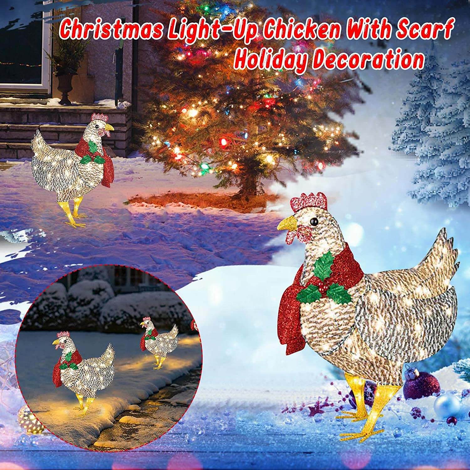 Christmas Outdoor Ornaments Light-Up Chicken with Scarf Holiday Decoration for Garden Patio Lawn