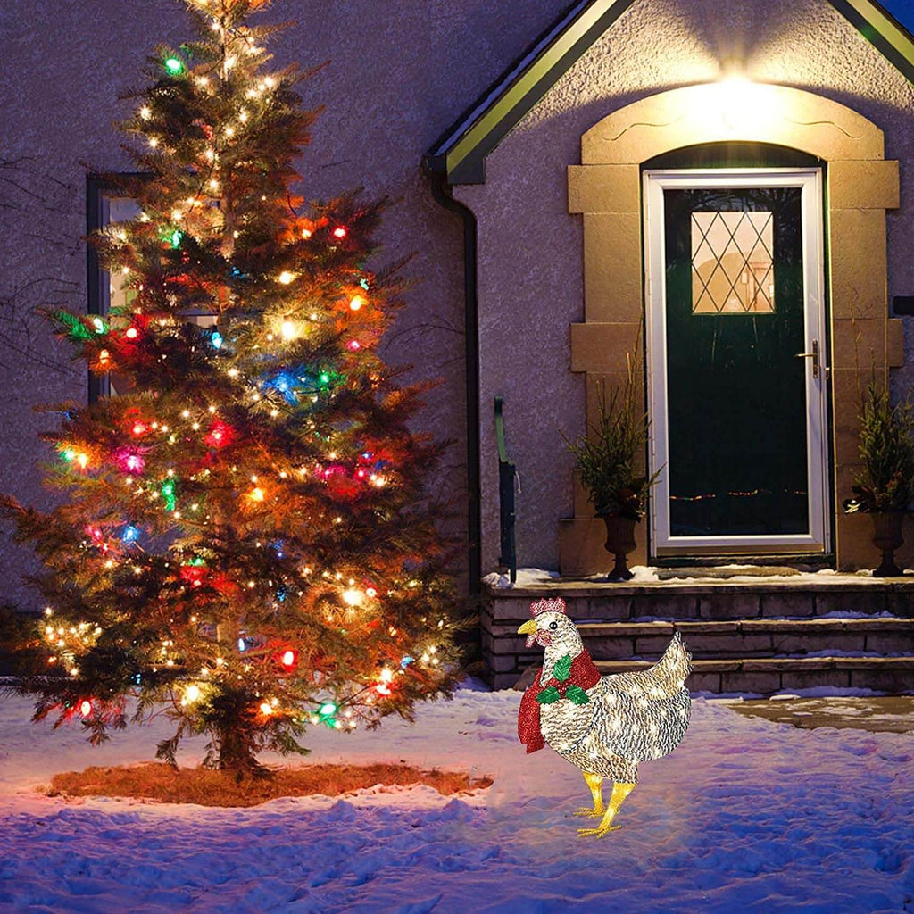 Christmas Outdoor Ornaments Light-Up Chicken with Scarf Holiday Decoration for Garden Patio Lawn