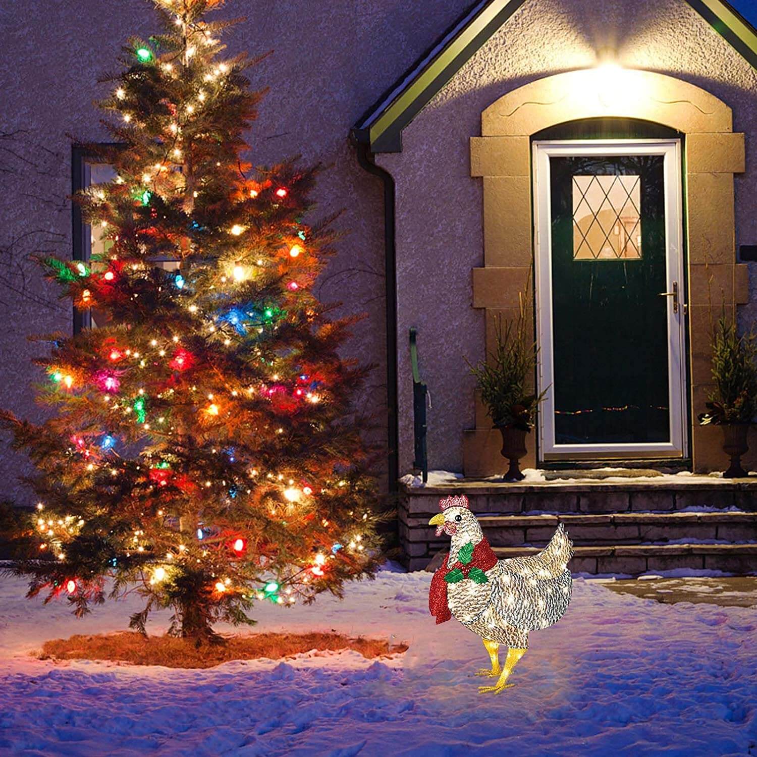 Christmas Outdoor Ornaments Light-Up Chicken with Scarf Holiday Decoration for Garden Patio Lawn