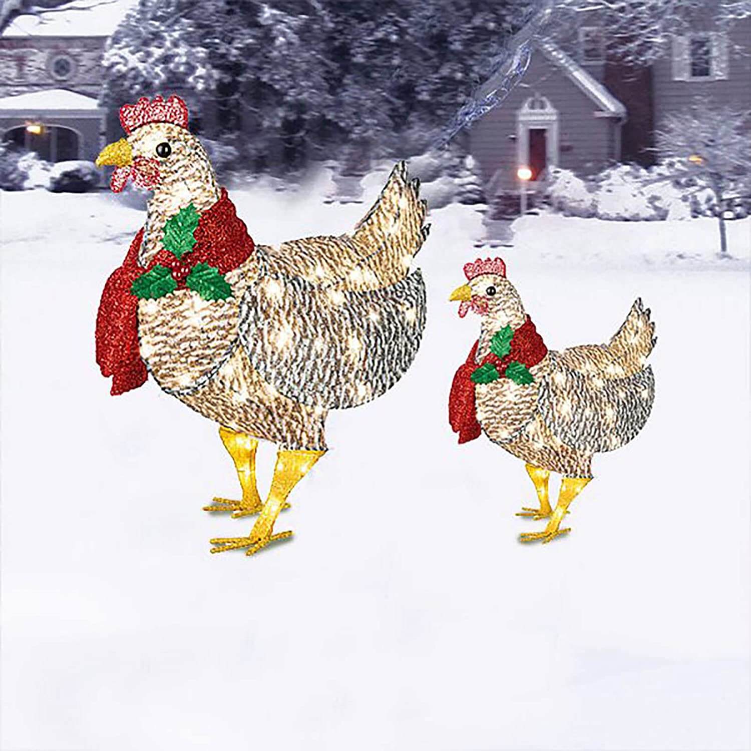 Christmas Outdoor Ornaments Light-Up Chicken with Scarf Holiday Decoration for Garden Patio Lawn