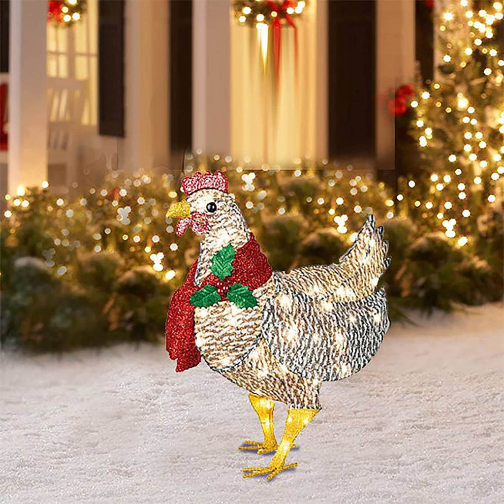 Christmas Outdoor Ornaments Light-Up Chicken with Scarf Holiday Decoration for Garden Patio Lawn