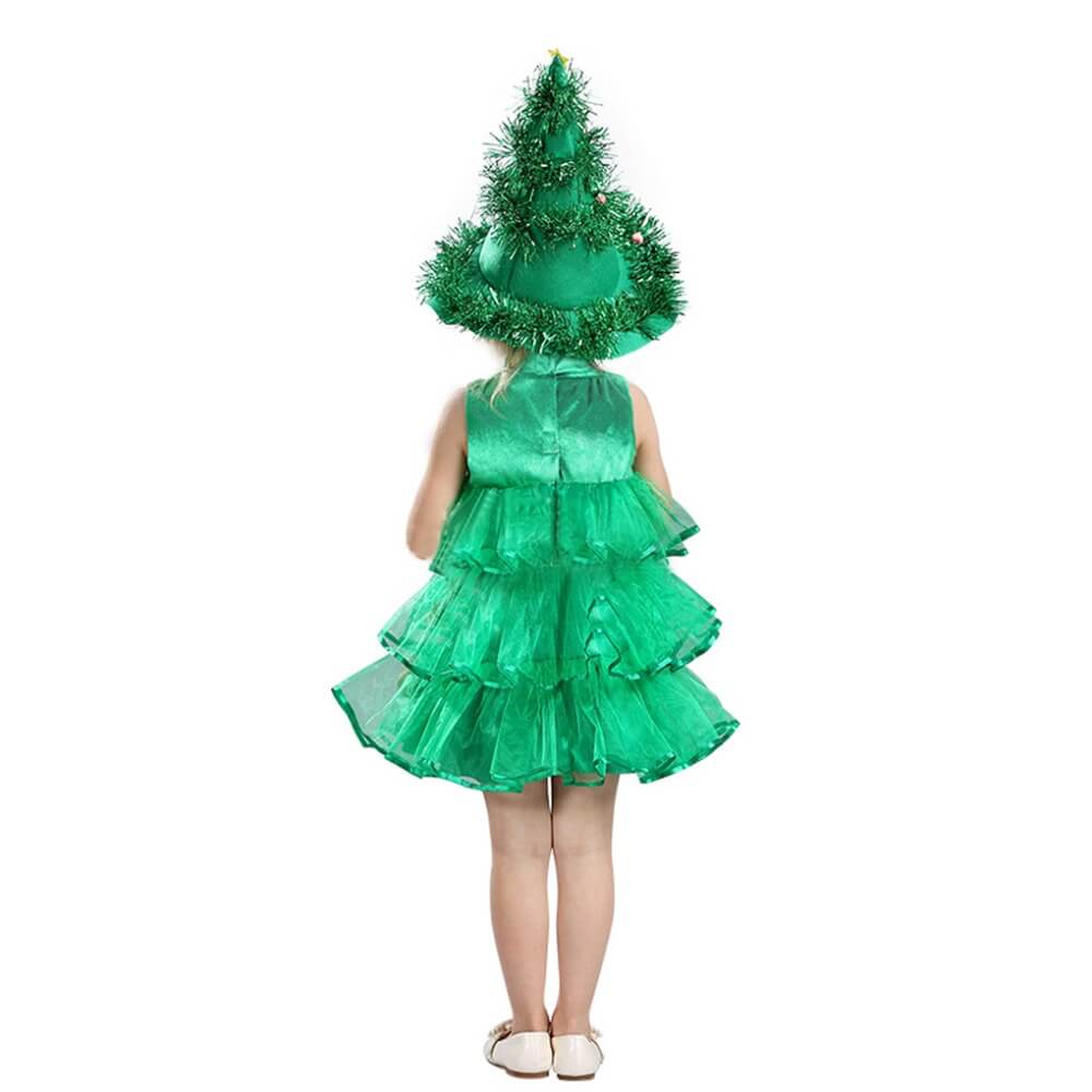 Girls Christmas Tree Costume Glitter Dress with Ornaments and A Christmas Tree Hat Funny Dress Up Elf Outfit