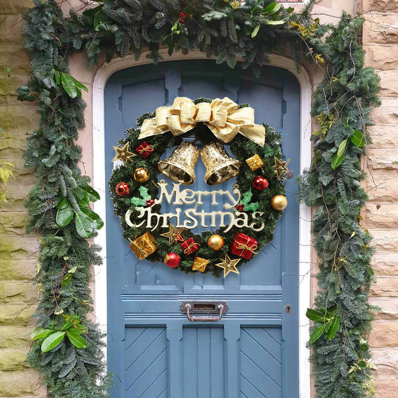 Christmas Wreath Indoor Outdoor Christmas Decorations with Mixed Pine Garland Red Golden Berries