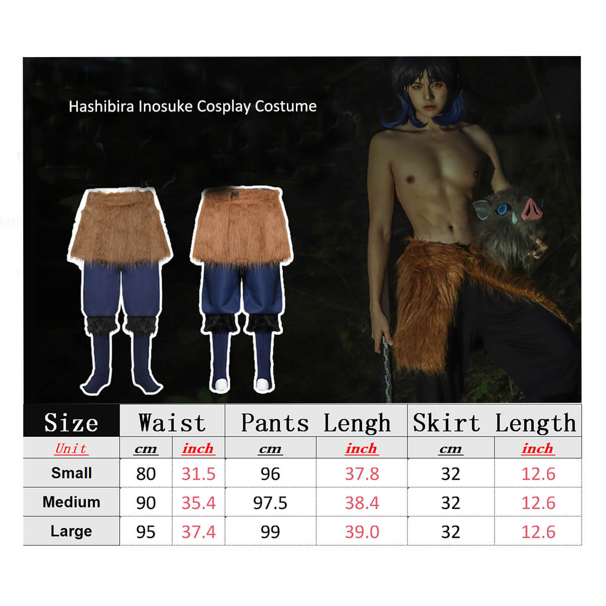 Hashibira Inosuke Cosplay Costume Apron Pants with Plush Skirt Halloween Carnival Unisex Outfits
