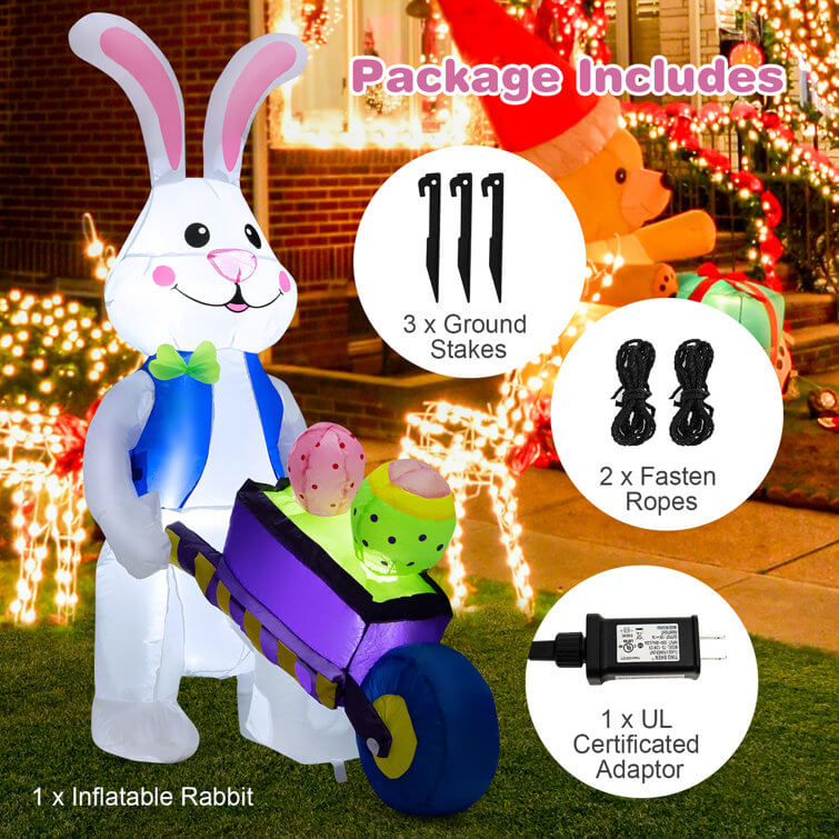 Easter Inflatable Bunny 6 FT High Easter Bunny with Basket Easter Outdoor Decorations for Yard Lawn