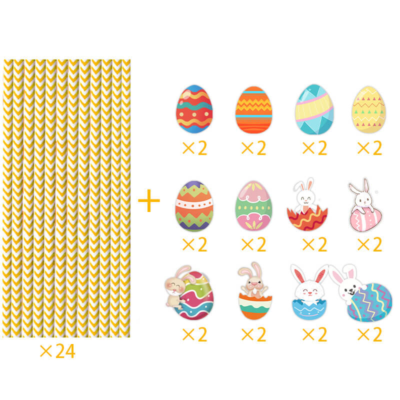 24pcs Easter Straws Striped Paper Straws Eggs Bunny Drinking Straws for Easter Party Favors