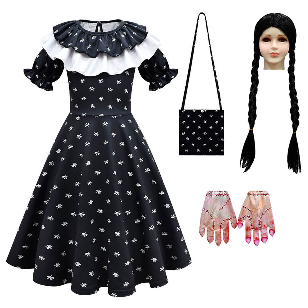 Wednesday Addams Dress Girls Wednesday Costume with Wig Gloves Bag for Cosplay