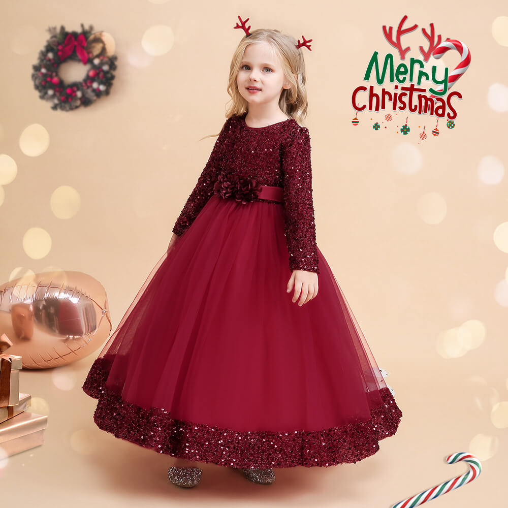Girls Princess Party Dress Kids Sequin Outfit Party Clothes Long Sleeve Pageant Dresses