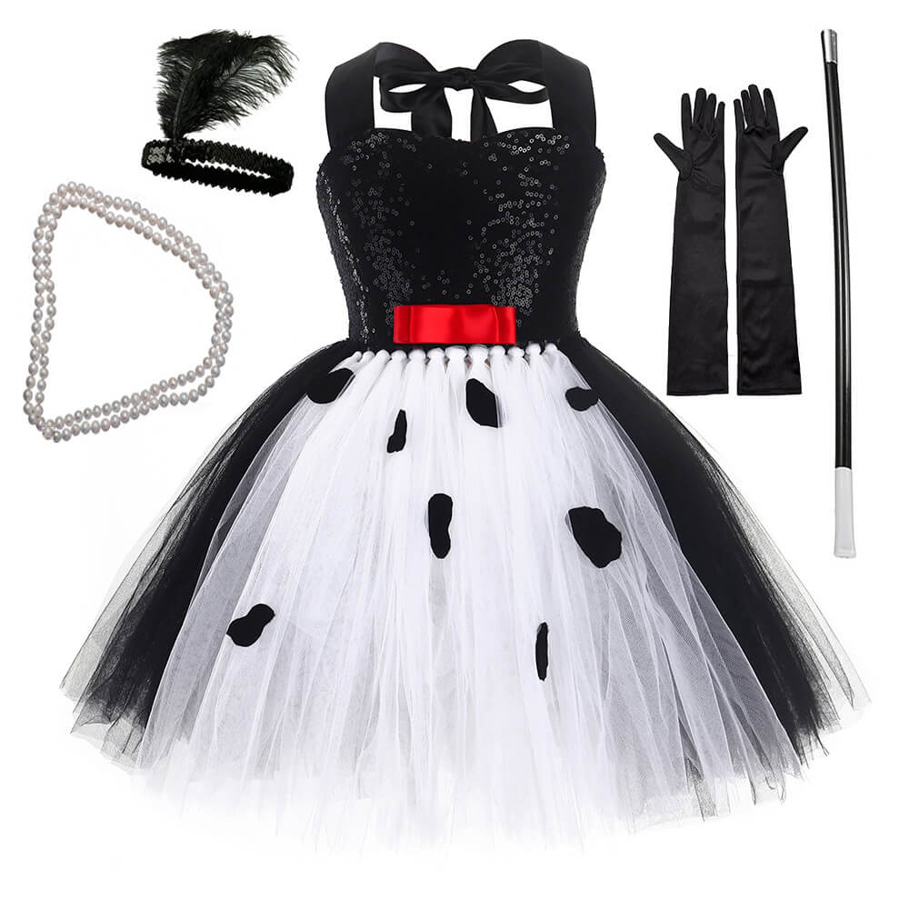 Grils White/Black Witch Costume One Shoulder Sleeveless Evening Dress with Accessories for Halloween Carnival
