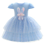Girls Easter Party Dress Short Sleeve Layered Tulle Dress Cute Rabbit Sequin Princess Dress