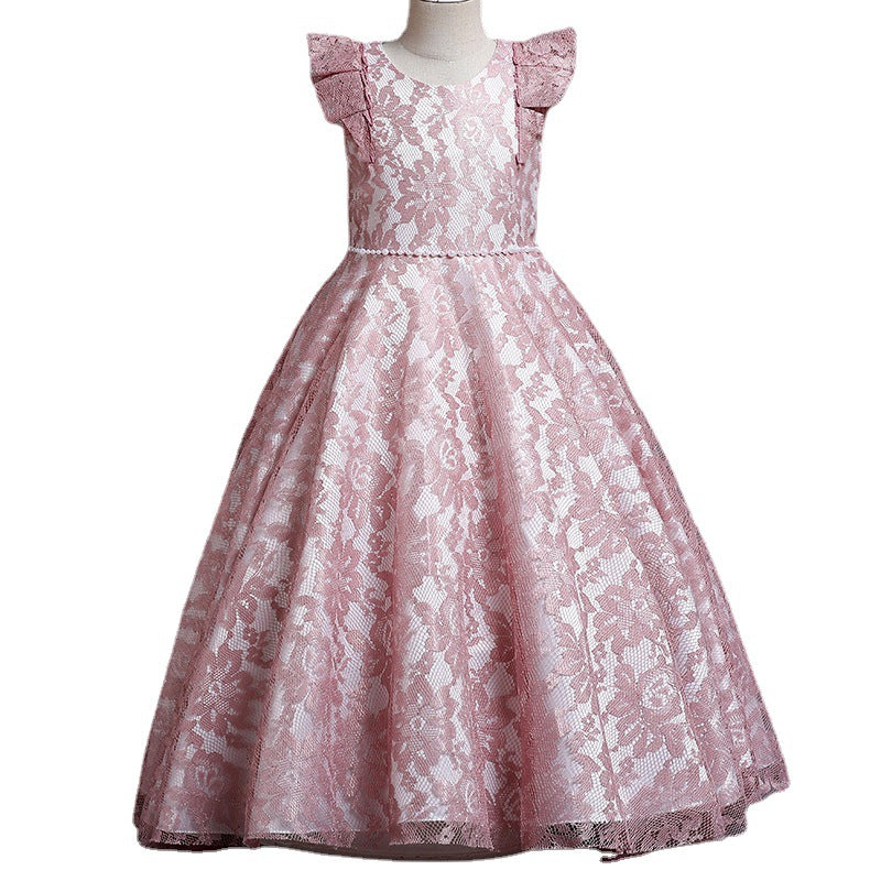 Elegent Lace Embroider Flower Girl Dress Maxi Sleeveless Princess Party Dress