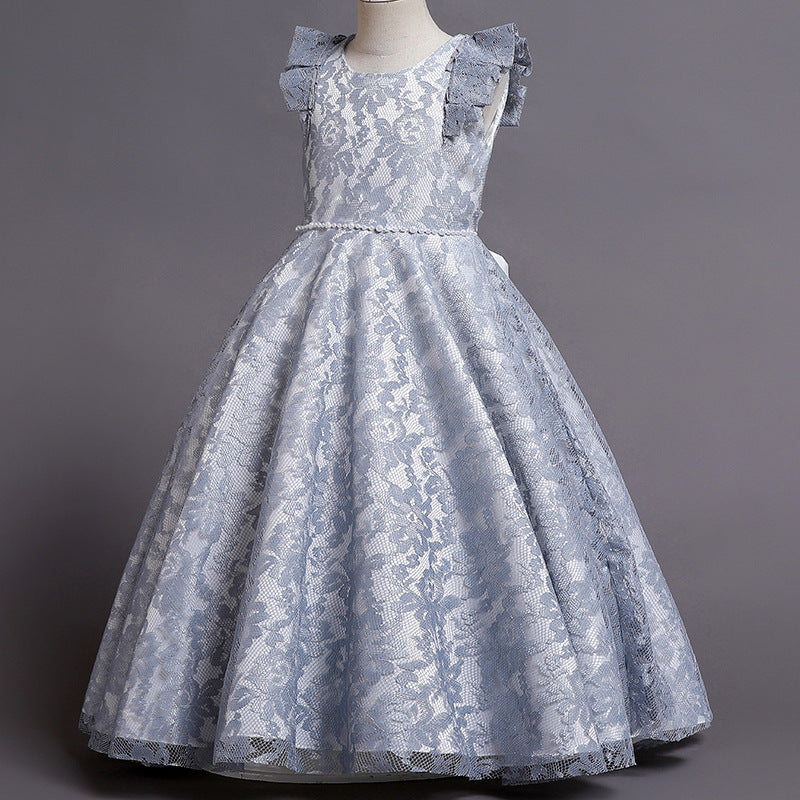 Elegent Lace Embroider Flower Girl Dress Maxi Sleeveless Princess Party Dress