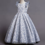 Elegent Lace Embroider Flower Girl Dress Maxi Sleeveless Princess Party Dress