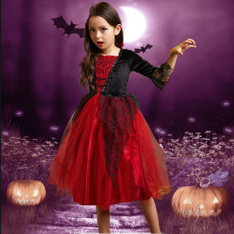 Girls Vampire Costume Red Black Dress Halloween Masquerade Party Scary Performance Cosplay Costumes