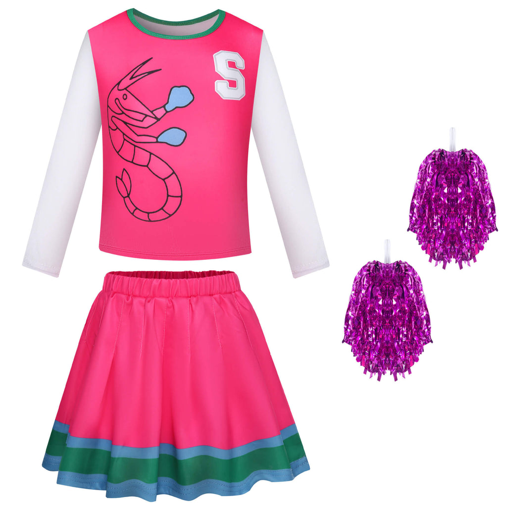 Girls Zombie Cheerleader Cosplay Costume Long Sleeve Sweatshirt Skirt and Poms 3pcs Suit for Halloween Party