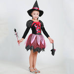 Girls Halloween Cosplay Costume Witch Dress Hat Candy Bag and Magic Stick Sets for Role Play