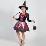 Girls Halloween Cosplay Costume Witch Dress Hat Candy Bag and Magic Stick Sets for Role Play