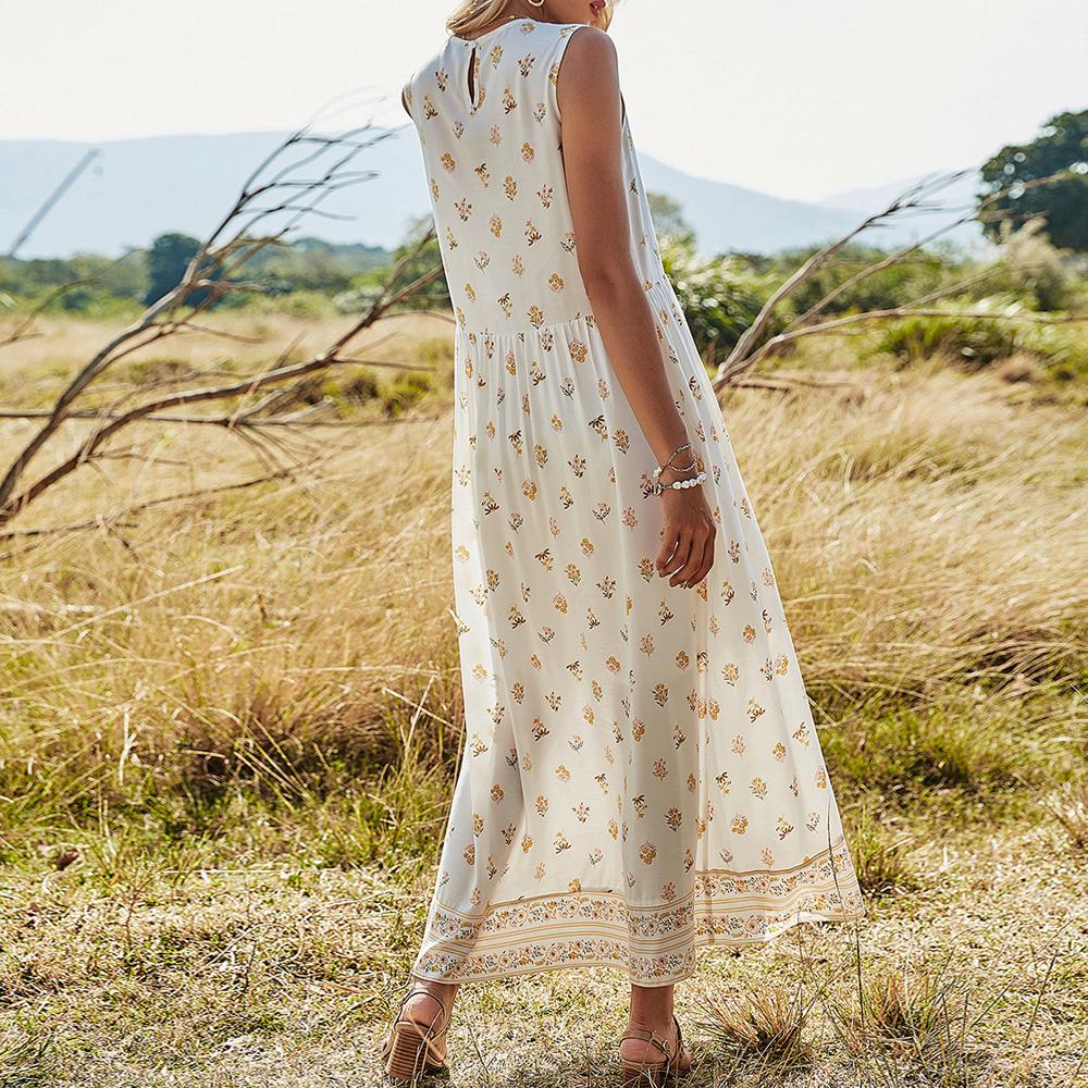 White Ditsy Yellow Floral Print Round Neck Sleeveless Long Dress