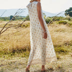 White Ditsy Yellow Floral Print Round Neck Sleeveless Long Dress