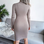 Mock Neck Cut Out Button Detail Bodycon Sweater Dress