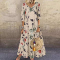 Beige & Light Green Allover Floral Print V Neck Three Quarter Length Sleeve Maxi Dress