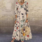 Beige & Light Green Allover Floral Print V Neck Three Quarter Length Sleeve Maxi Dress