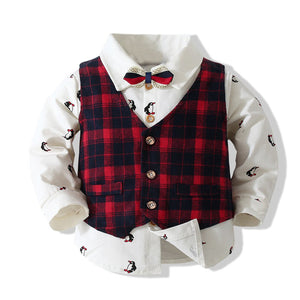 Infant Little Boys 4pcs Clothes Set with Plaid Dress Shirts Bowtie Pants and Vest Gentleman Easter Outfit