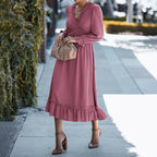 Solid Swiss Dot Mesh Flounce Sleeve Lettuce Trim V Neck Chiffon Dress