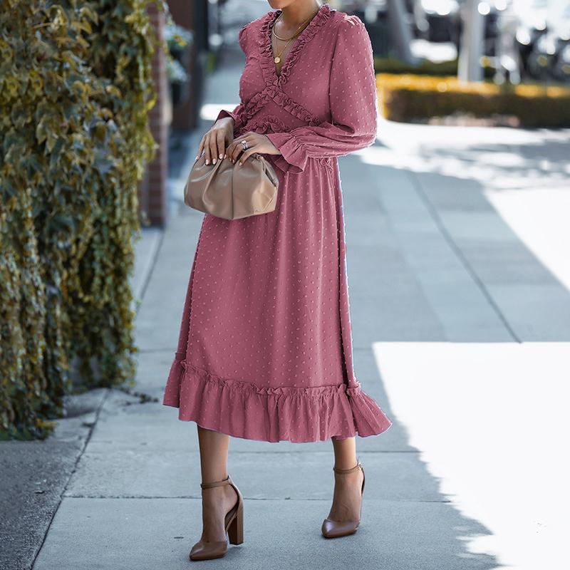 Solid Swiss Dot Mesh Flounce Sleeve Lettuce Trim V Neck Chiffon Dress