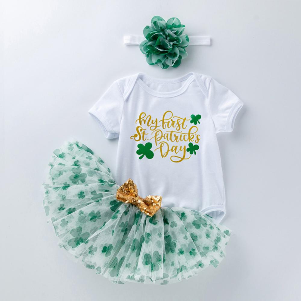 Baby Girl 1st St Patrick's Day Outfit Romper Flower Tutu Skirt and Headwear Suit