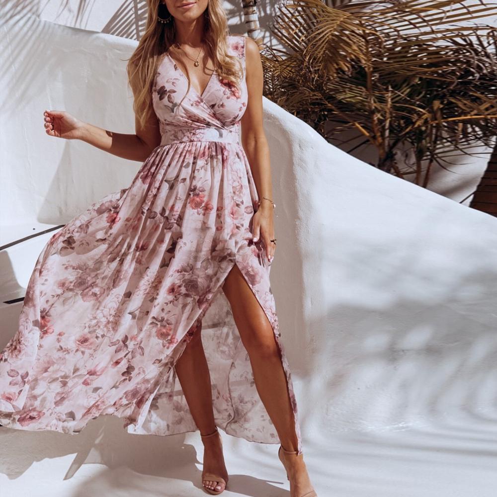 Floral Print Surplice Neck Sleeveless Split Thigh Maxi Dress