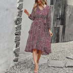 V Neck Polka Dot Print Long Sleeve High Low Hem Belted Dress