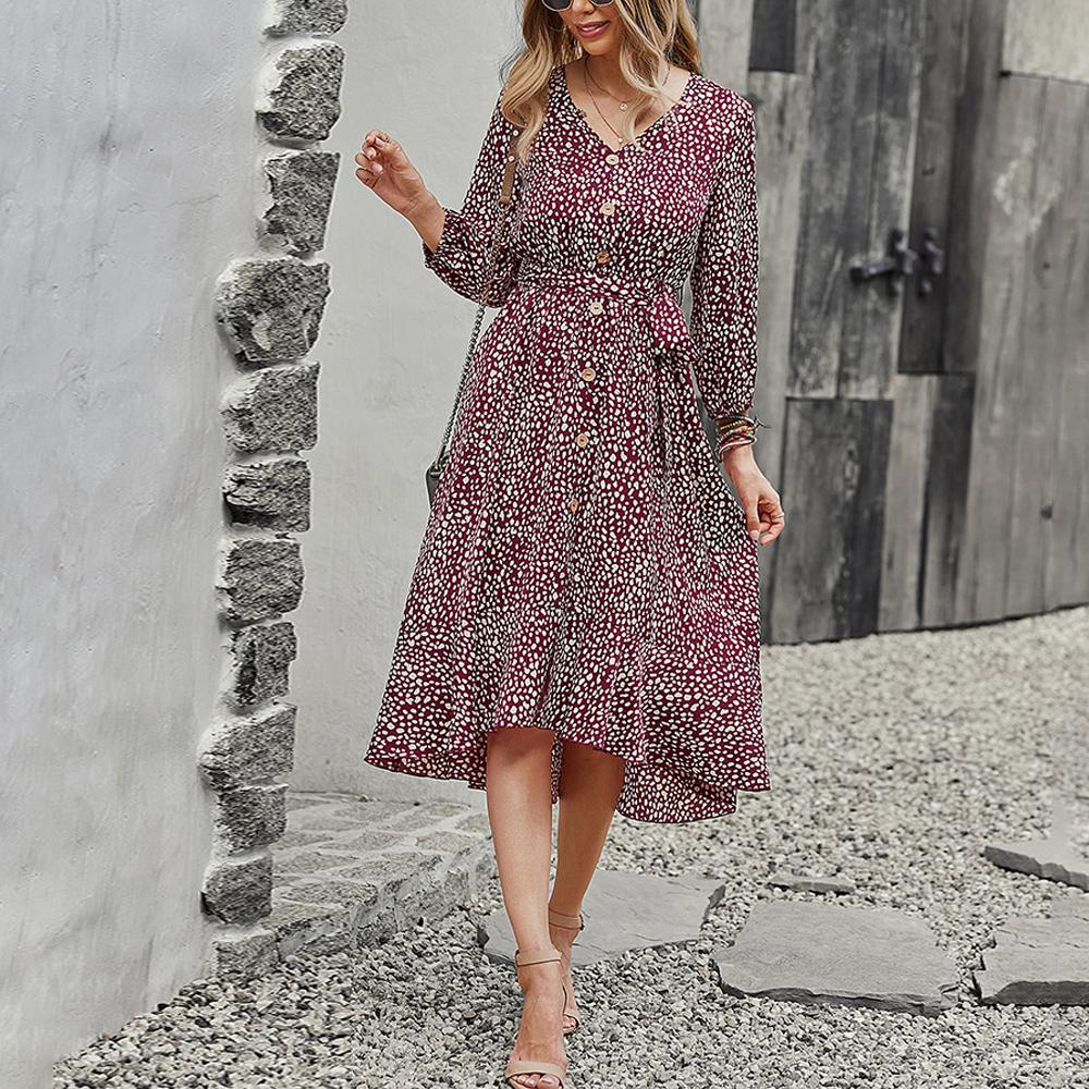 V Neck Polka Dot Print Long Sleeve High Low Hem Belted Dress