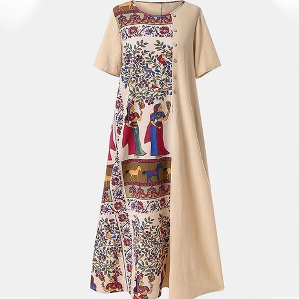 Round Neck Colorblock Fresco Print Short Sleeve Vintage Dress