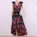 HOT SALE Floral Print Shirred Waist Butterfly Sleeve Tie Front High Low Hem Dress