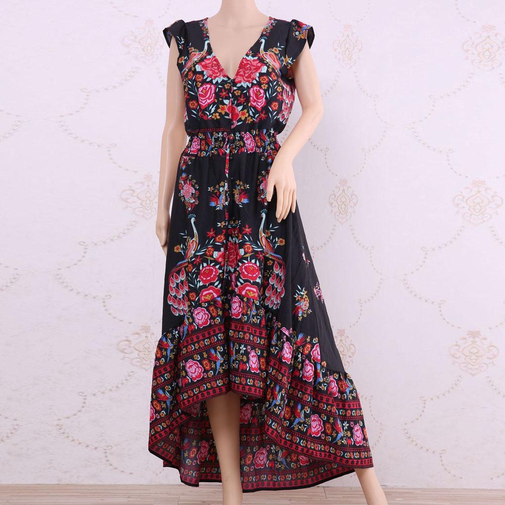 HOT SALE Floral Print Shirred Waist Butterfly Sleeve Tie Front High Low Hem Dress