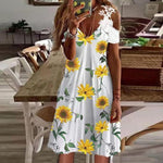 Floral & Graphic Print Cold Shoulder V Neck Guipure Lace Short Sleeve Dress