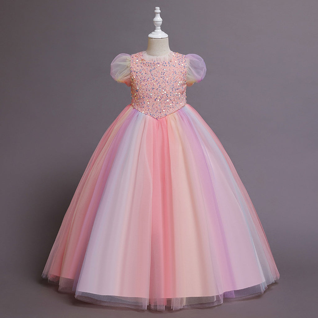 Elegent Girls Pageant Dresses Puff Sleeve Sequins Formal Tulle Maxi Dress
