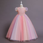 Elegent Girls Pageant Dresses Puff Sleeve Sequins Formal Tulle Maxi Dress