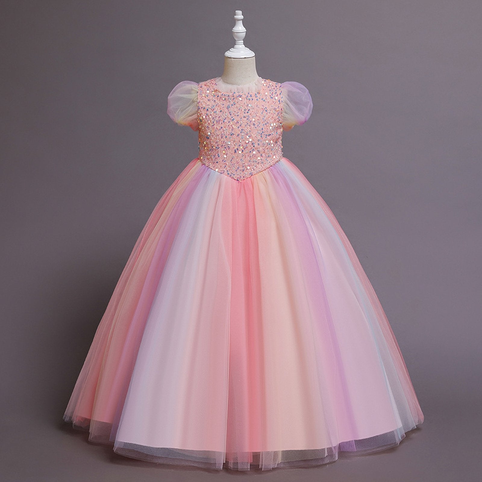 Elegent Girls Pageant Dresses Puff Sleeve Sequins Formal Tulle Maxi Dress