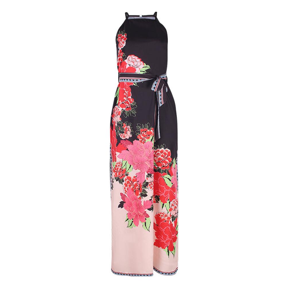 Floral Print Split Thigh Halter Neck Belted Cami Dress