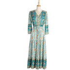 Green Paisley & Floral Print Button Front Knot Waist V Neck Dress