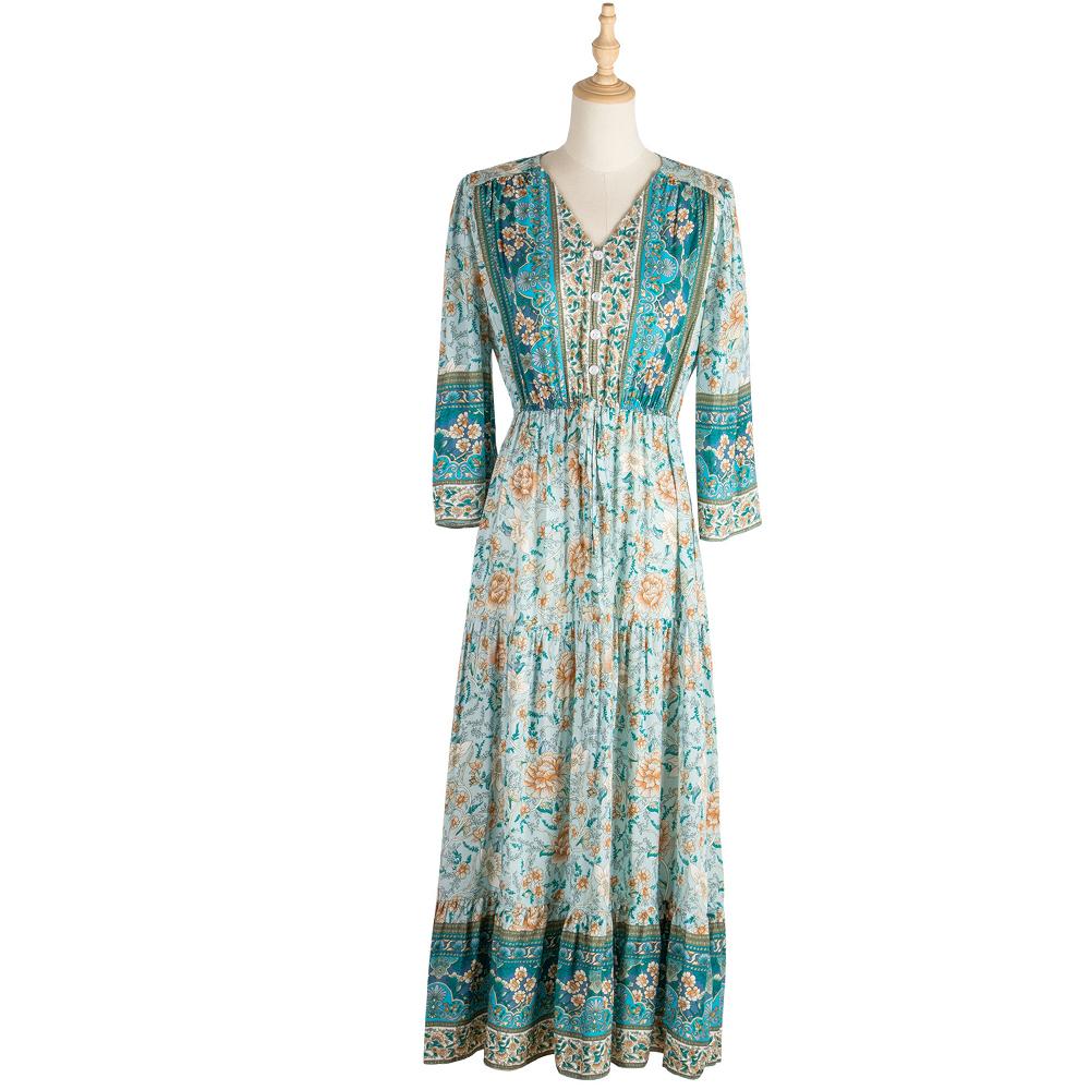 Green Paisley & Floral Print Button Front Knot Waist V Neck Dress