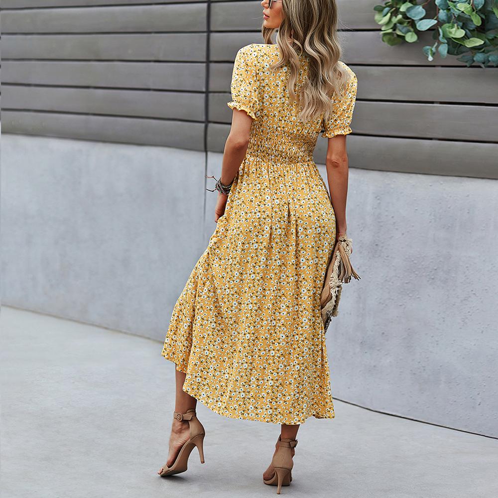 Puff Sleeve Button Detail Shirred Waist Ditsy Floral Print Slit Hem Dress