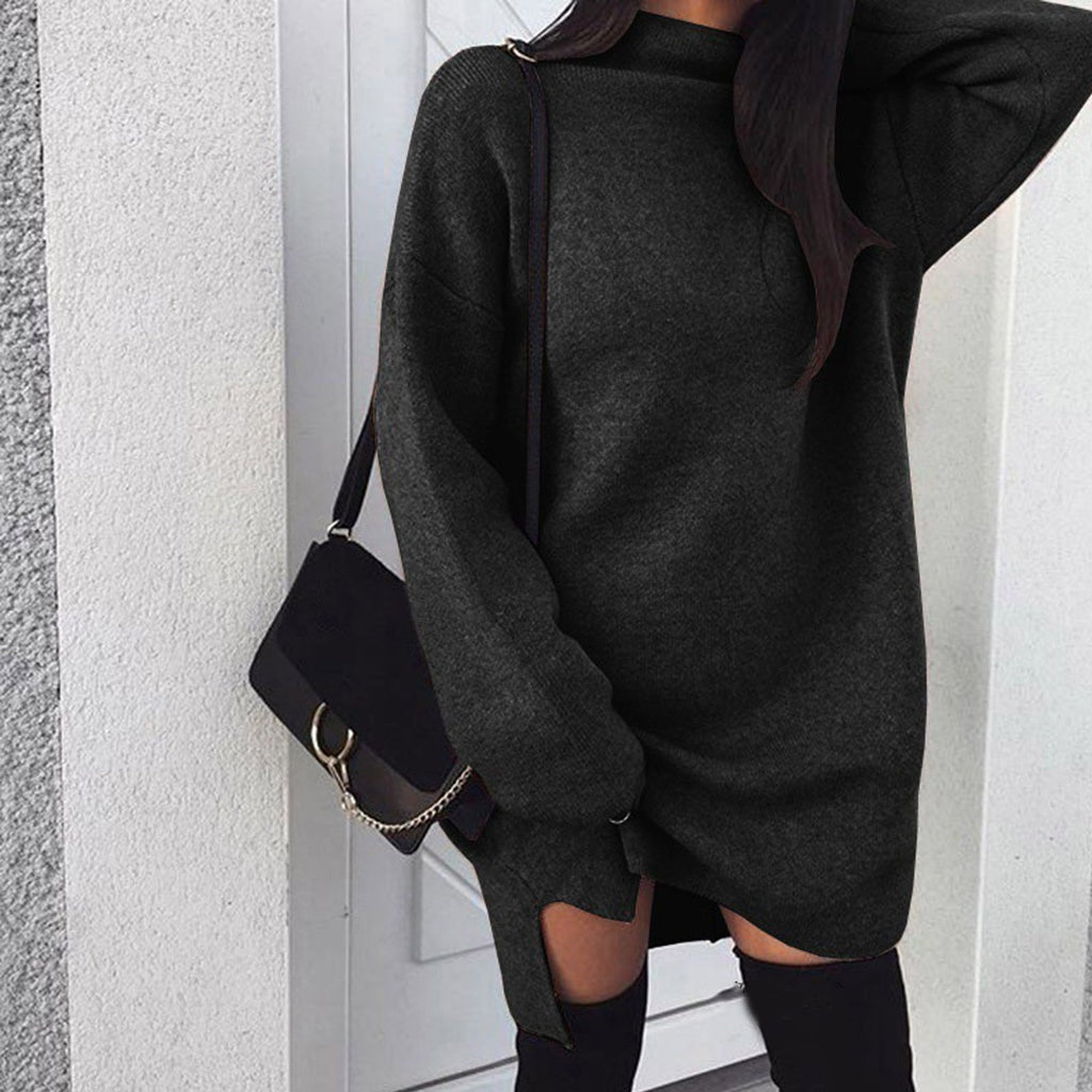 Women Winter Long Sleeve Mini Dress Casual Turtleneck Pullover Knee Length Sweatershirt