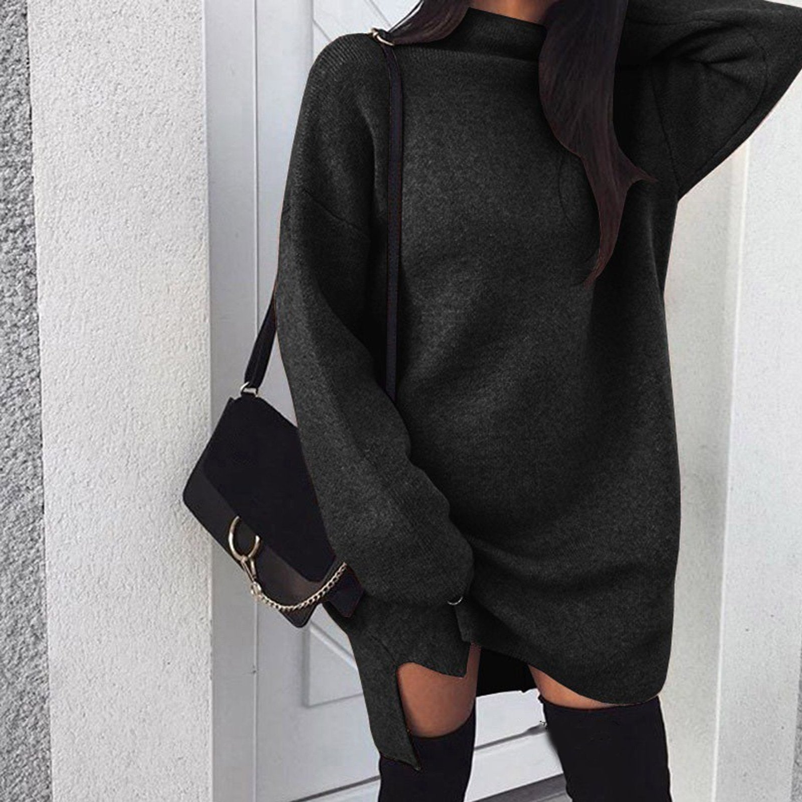 Women Winter Long Sleeve Mini Dress Casual Turtleneck Pullover Knee Length Sweatershirt