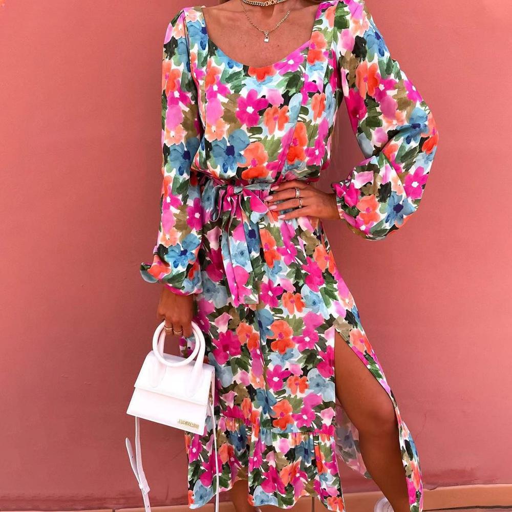 Floral & Allover Print Lantern Sleeve Ruffle Hem Split Thigh Belted Dress
