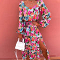 Floral & Allover Print Lantern Sleeve Ruffle Hem Split Thigh Belted Dress
