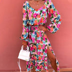 Floral & Allover Print Lantern Sleeve Ruffle Hem Split Thigh Belted Dress